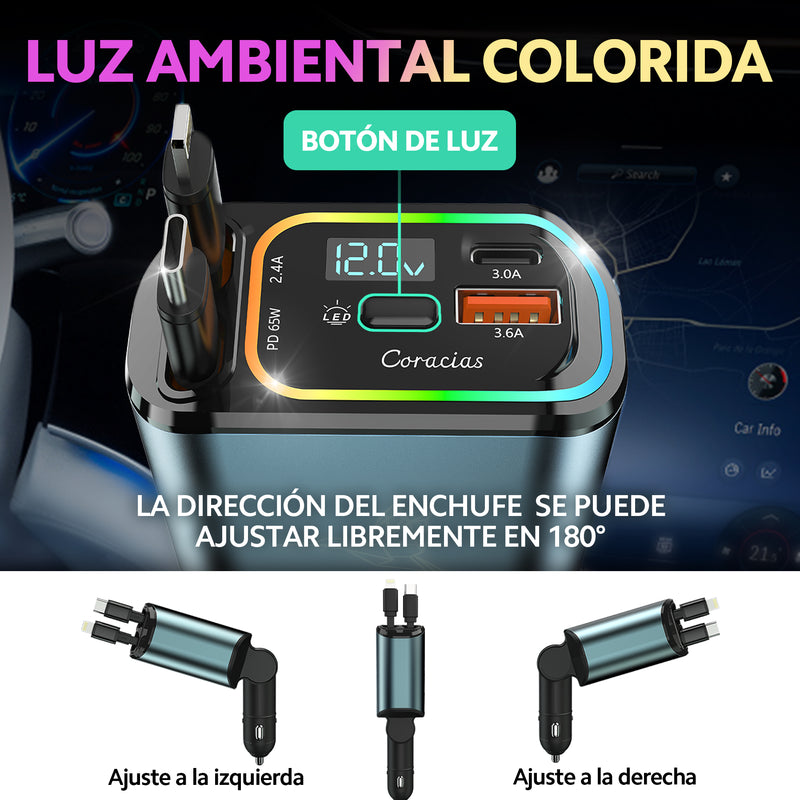 4 En 1 Cargador Retráctil De Coche De Carga Rápida De 120v