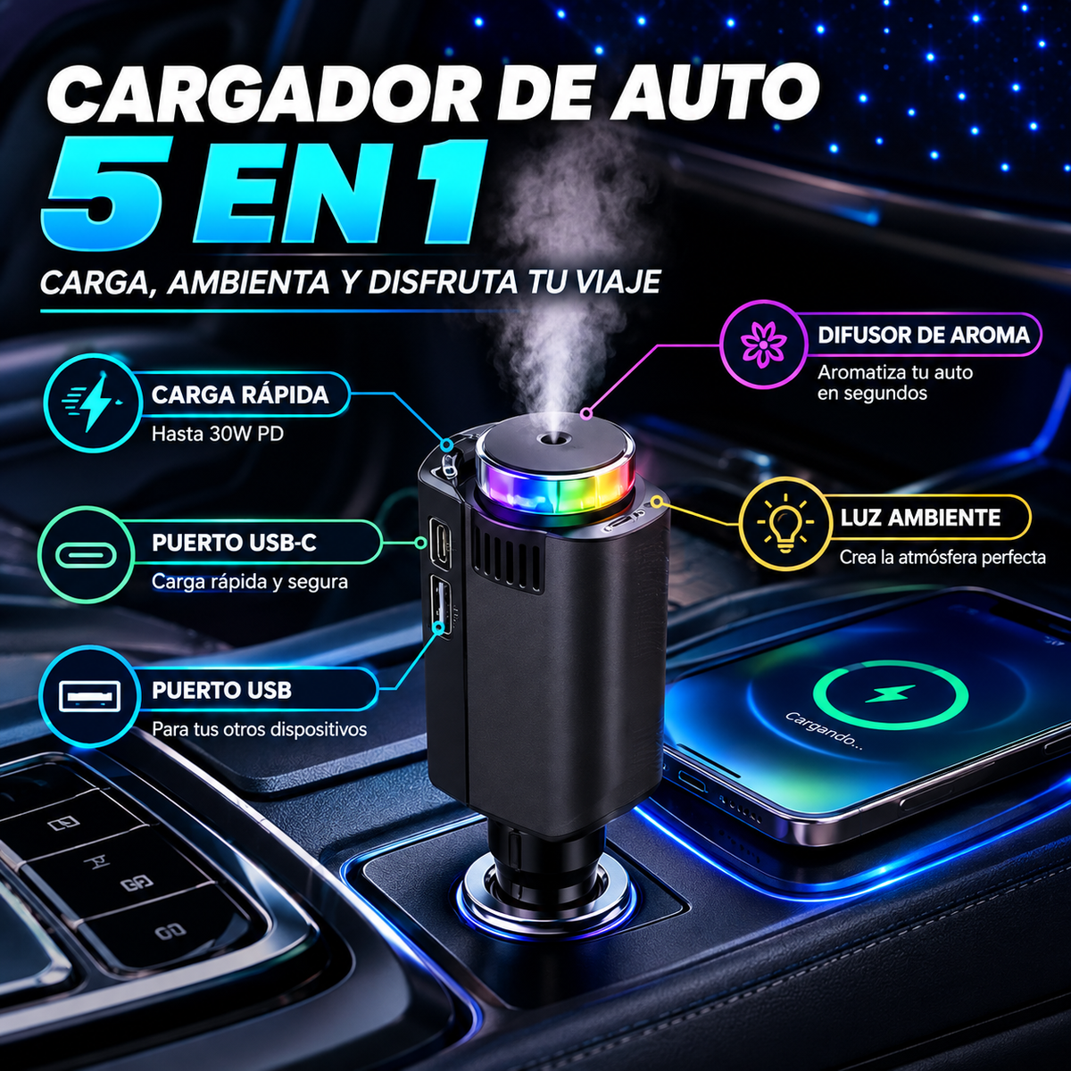 CARGADOR AROMATIZANTE DE AUTO 5 EN 1