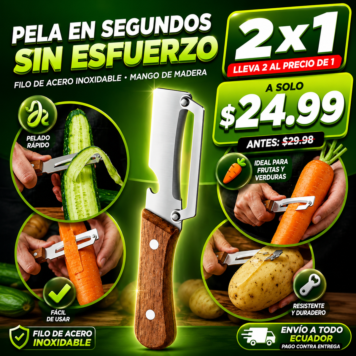 2x1 FILO DE ACERO INOXIDABLE- MANGO DE MADERA(LLEVA 2 AL PRECIO DE 1)