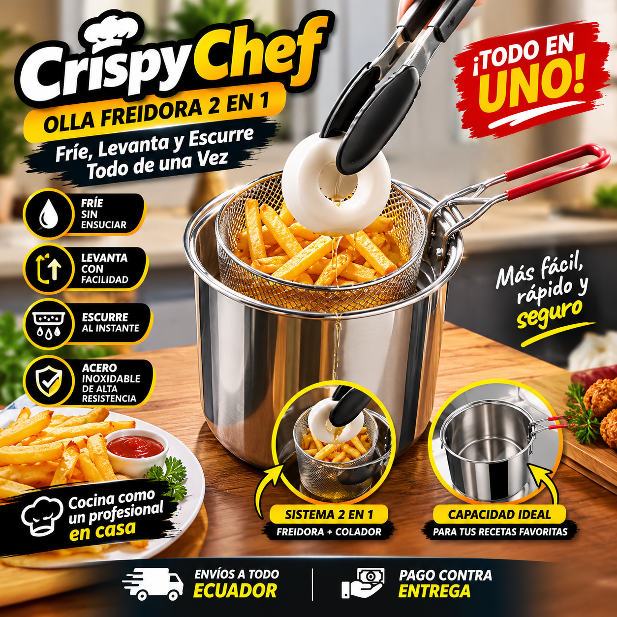 Olla Freidora CrispyChef 2 en 1 | Fríe, Levanta y Escurre Todo de una Vez
