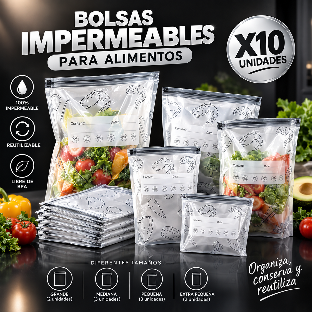BOLSAS IMPERMEABLES PARA ALIMENTOS X10
